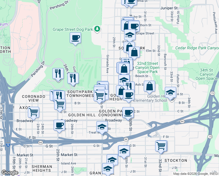 map of restaurants, bars, coffee shops, grocery stores, and more near 1319 29th Street in San Diego