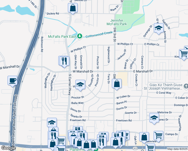 map of restaurants, bars, coffee shops, grocery stores, and more near 1817 Dorothy Drive in Grand Prairie