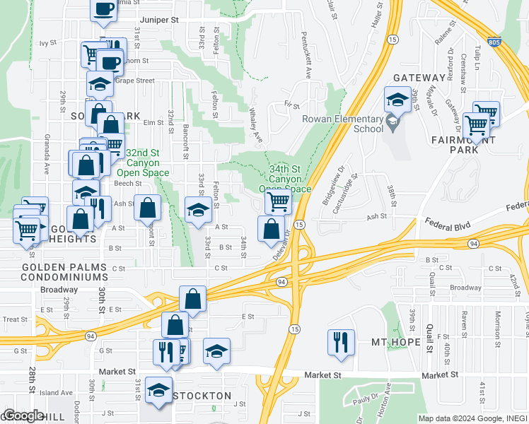 map of restaurants, bars, coffee shops, grocery stores, and more near 3455 Beech Street in San Diego