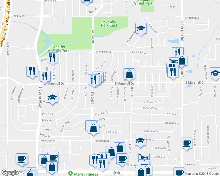 map of restaurants, bars, coffee shops, grocery stores, and more near 1810 Family Circle in Grand Prairie