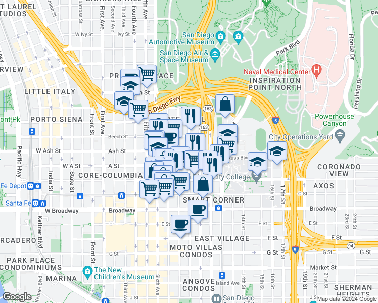 map of restaurants, bars, coffee shops, grocery stores, and more near 1399 Ninth Avenue in San Diego