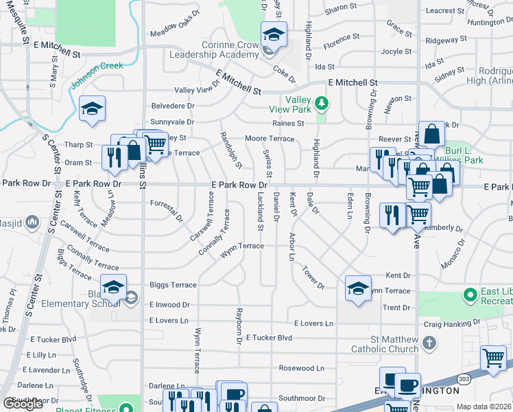 map of restaurants, bars, coffee shops, grocery stores, and more near 1514 Lackland Street in Arlington