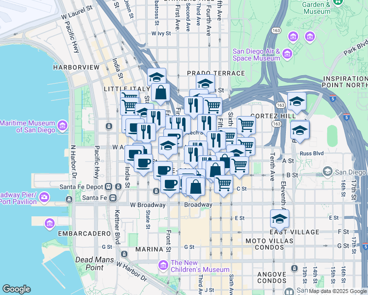 map of restaurants, bars, coffee shops, grocery stores, and more near 101 Ash Street in San Diego