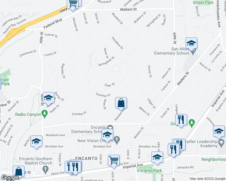 map of restaurants, bars, coffee shops, grocery stores, and more near 6510 Scimitar Drive in San Diego