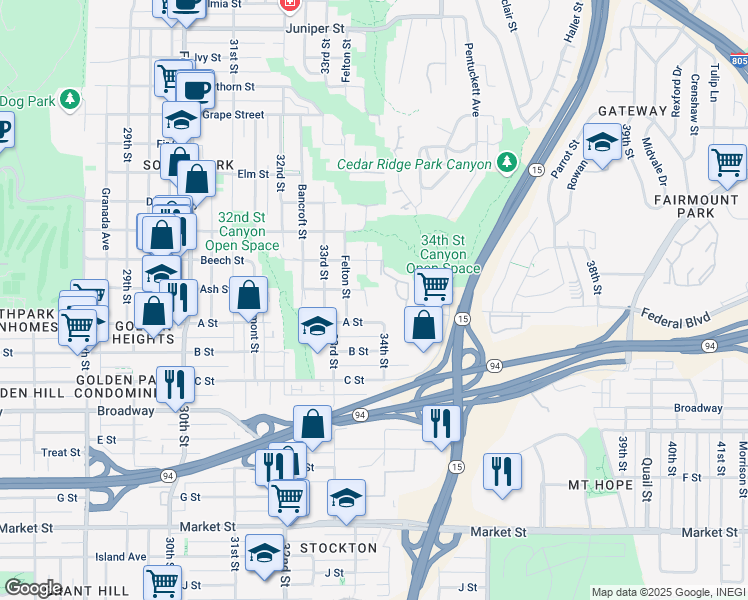 map of restaurants, bars, coffee shops, grocery stores, and more near 1337 Gregory Street in San Diego