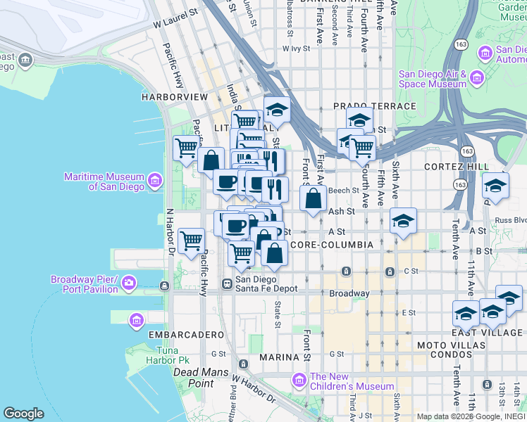 map of restaurants, bars, coffee shops, grocery stores, and more near W Ash St & Columbia St in San Diego