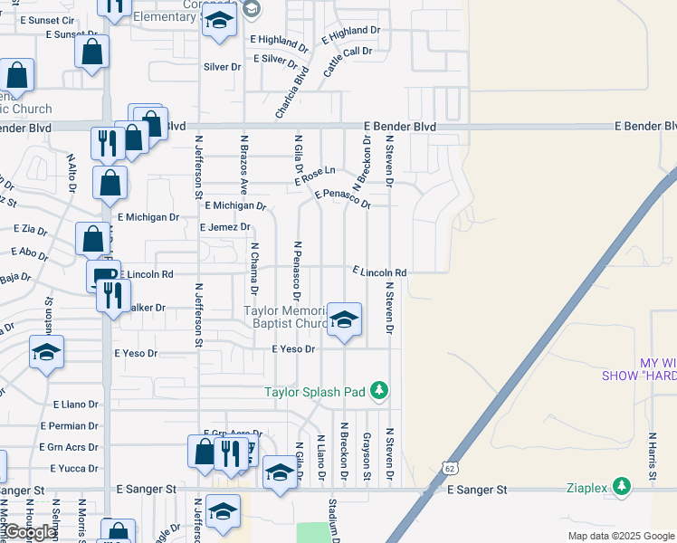map of restaurants, bars, coffee shops, grocery stores, and more near 1726 North Breckon Drive in Hobbs