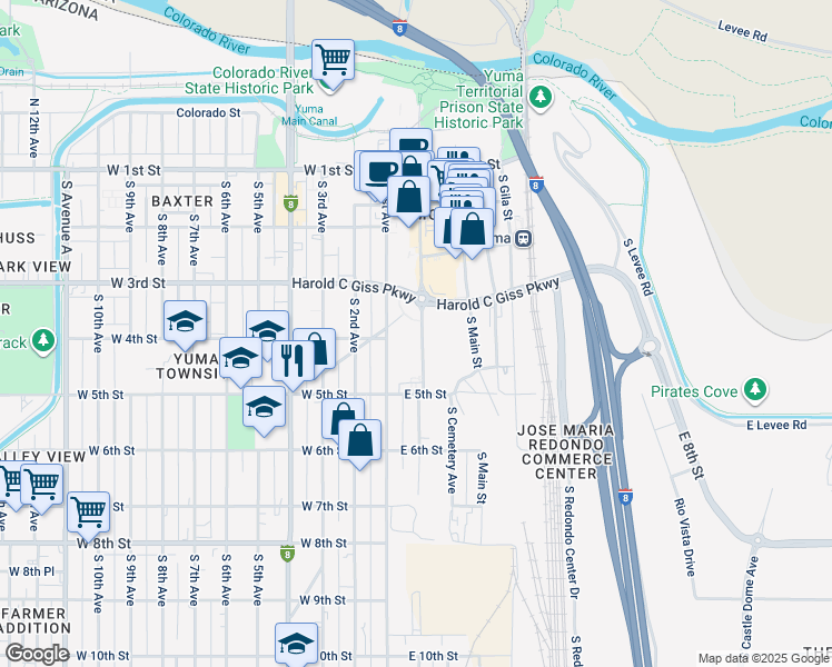 map of restaurants, bars, coffee shops, grocery stores, and more near 432 South Madison Avenue in Yuma