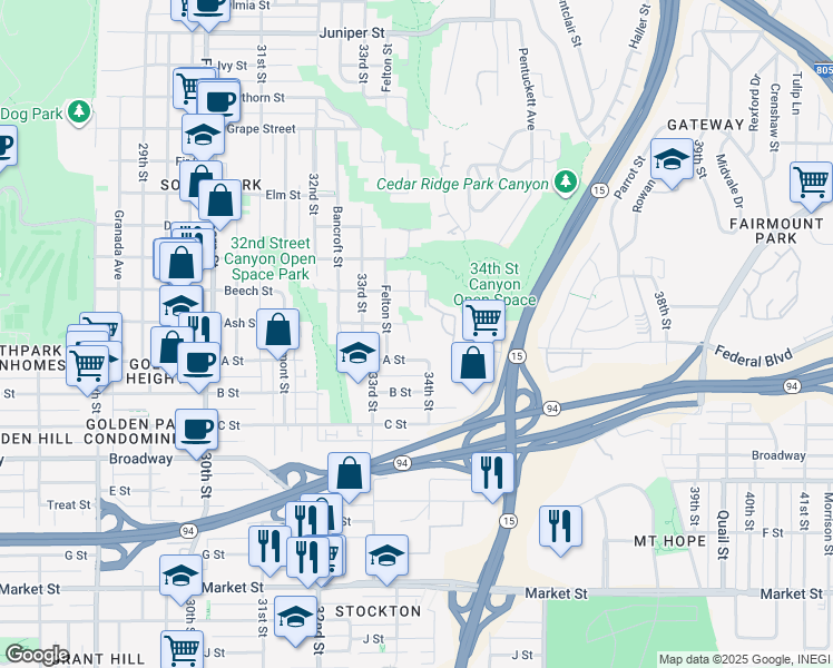 map of restaurants, bars, coffee shops, grocery stores, and more near 1337 Gregory Street in San Diego