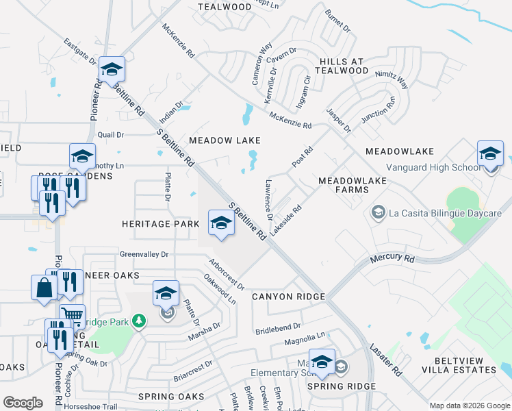 map of restaurants, bars, coffee shops, grocery stores, and more near 220 Vena Road in Mesquite