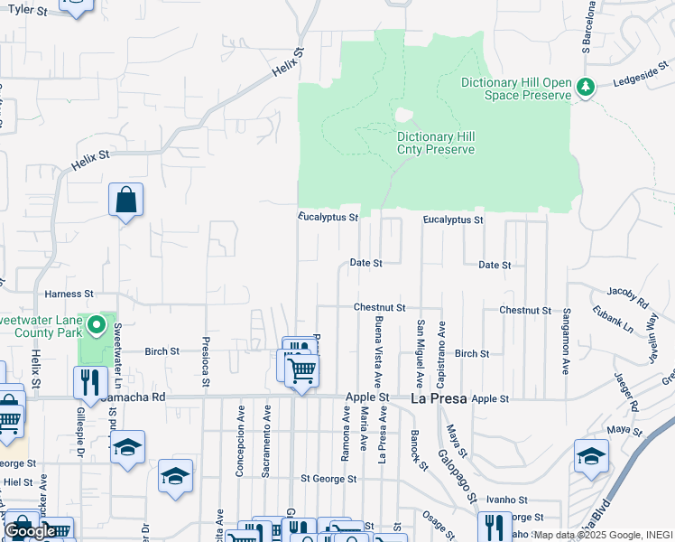 map of restaurants, bars, coffee shops, grocery stores, and more near 1520 Ramona Avenue in Spring Valley
