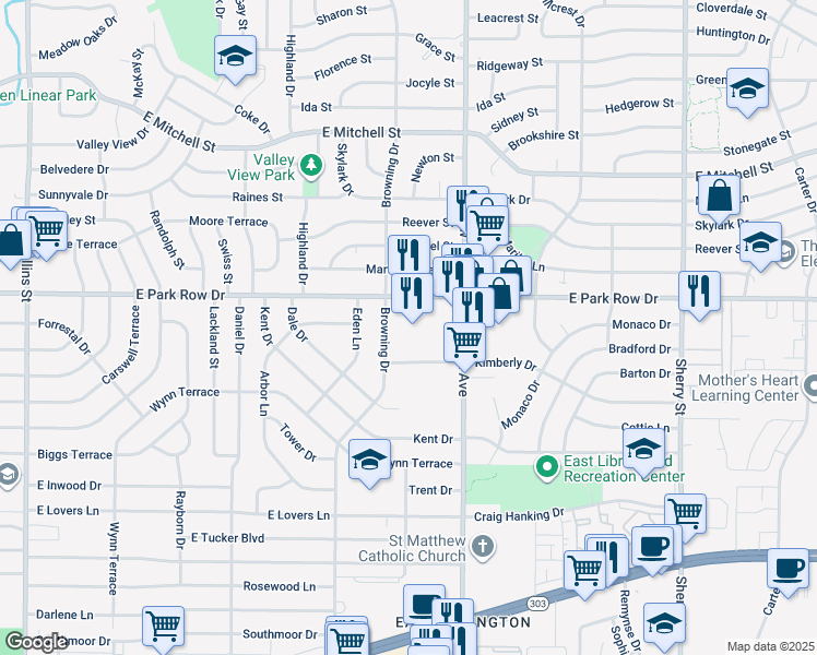 map of restaurants, bars, coffee shops, grocery stores, and more near 1605 Browning Drive in Arlington