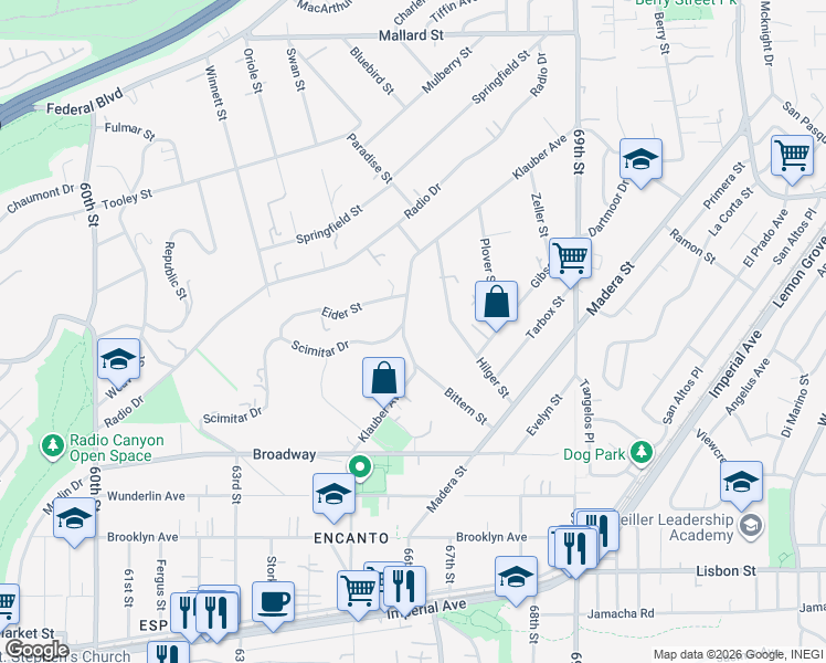 map of restaurants, bars, coffee shops, grocery stores, and more near 1355 Klauber Avenue in San Diego