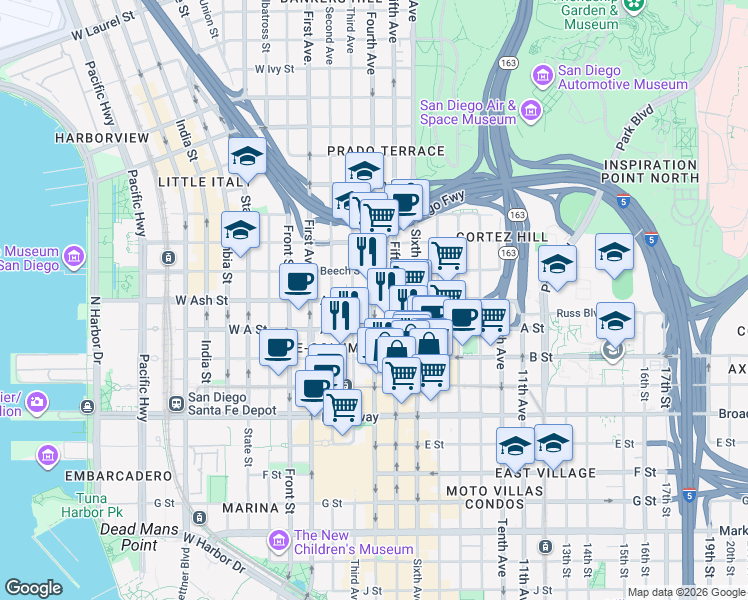 map of restaurants, bars, coffee shops, grocery stores, and more near 4th Ave & Ash St in San Diego