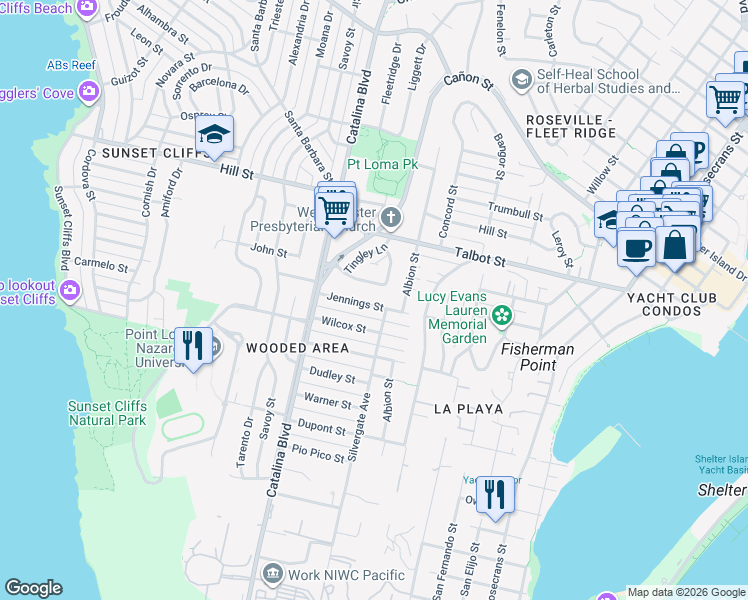 map of restaurants, bars, coffee shops, grocery stores, and more near 3620 Jennings Street in San Diego