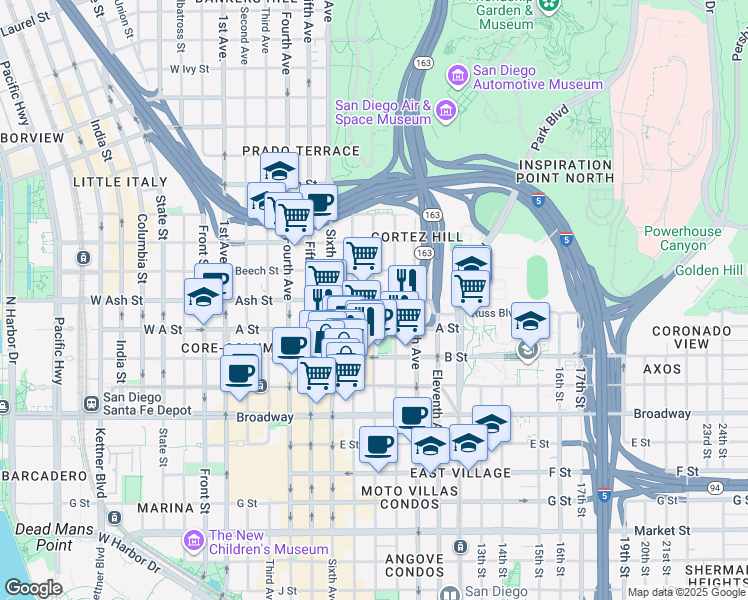 map of restaurants, bars, coffee shops, grocery stores, and more near Ash Street & 8th Avenue in San Diego