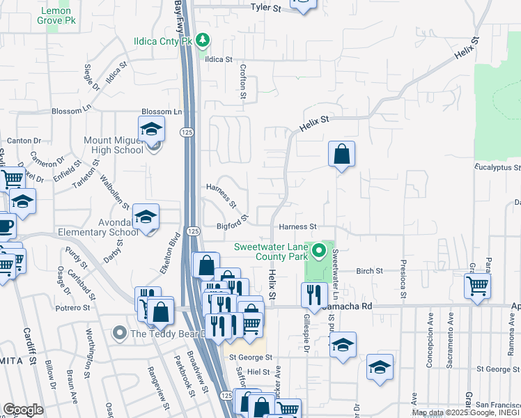 map of restaurants, bars, coffee shops, grocery stores, and more near 8728 Harness Street in Spring Valley