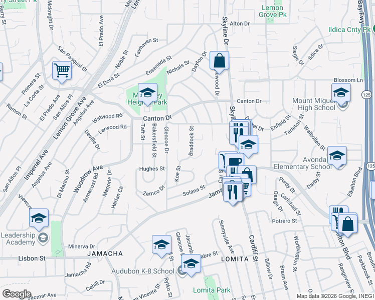 map of restaurants, bars, coffee shops, grocery stores, and more near 1250 Braddock Street in San Diego