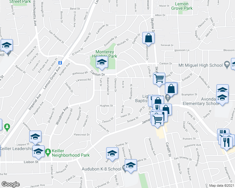 map of restaurants, bars, coffee shops, grocery stores, and more near 1250 Koe Street in San Diego