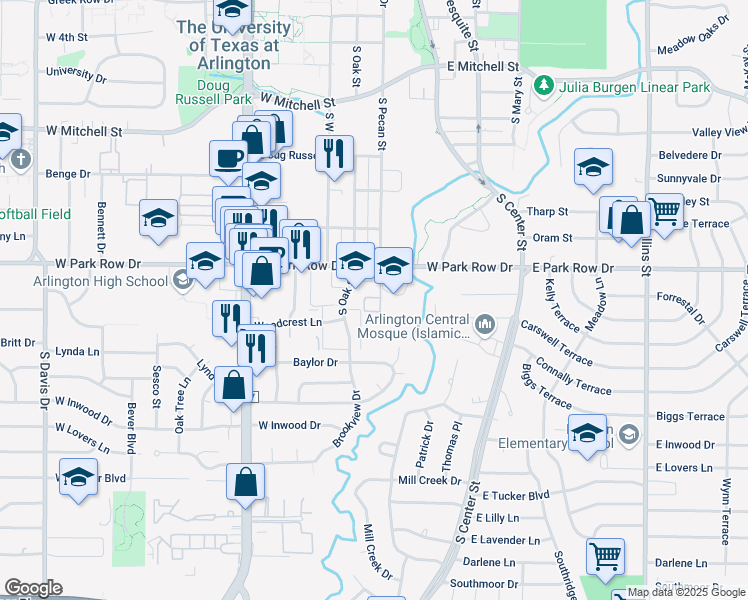 map of restaurants, bars, coffee shops, grocery stores, and more near 210 West Park Row Drive in Arlington
