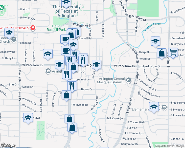 map of restaurants, bars, coffee shops, grocery stores, and more near 1601 South Oak Street in Arlington