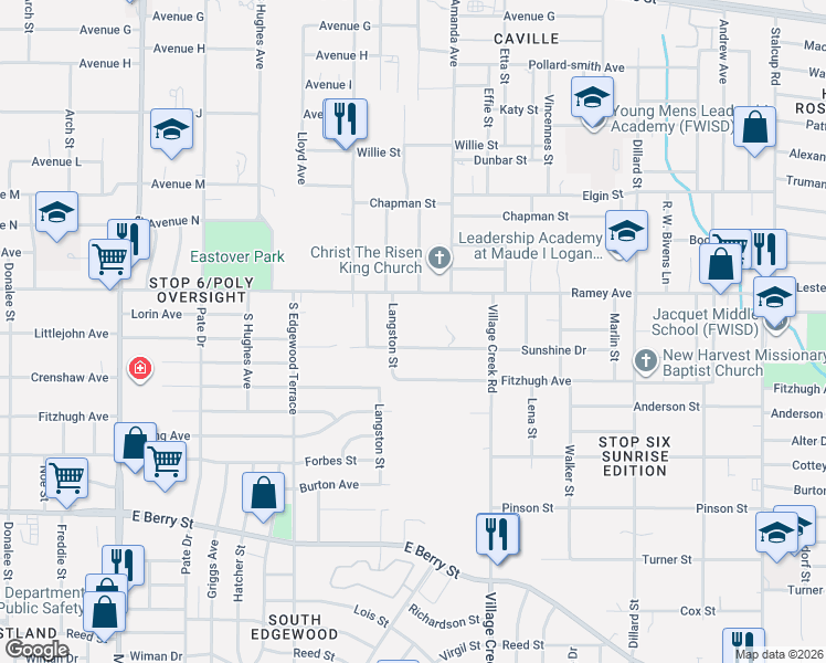 map of restaurants, bars, coffee shops, grocery stores, and more near 4819 Sunshine Drive in Fort Worth