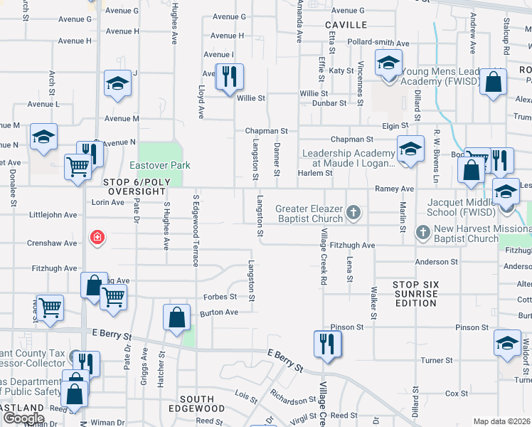 map of restaurants, bars, coffee shops, grocery stores, and more near 2424 Langston Street in Fort Worth