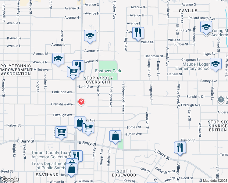 map of restaurants, bars, coffee shops, grocery stores, and more near 4416 Littlejohn Avenue in Fort Worth