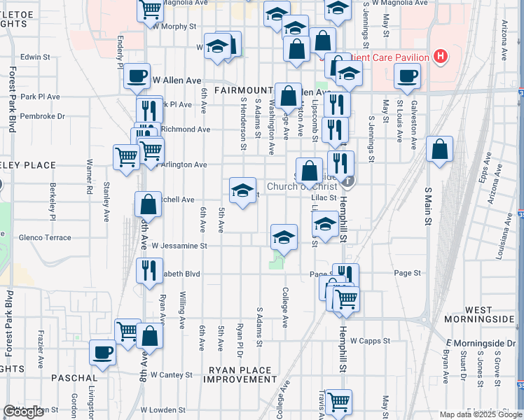 map of restaurants, bars, coffee shops, grocery stores, and more near 2232 Washington Avenue in Fort Worth