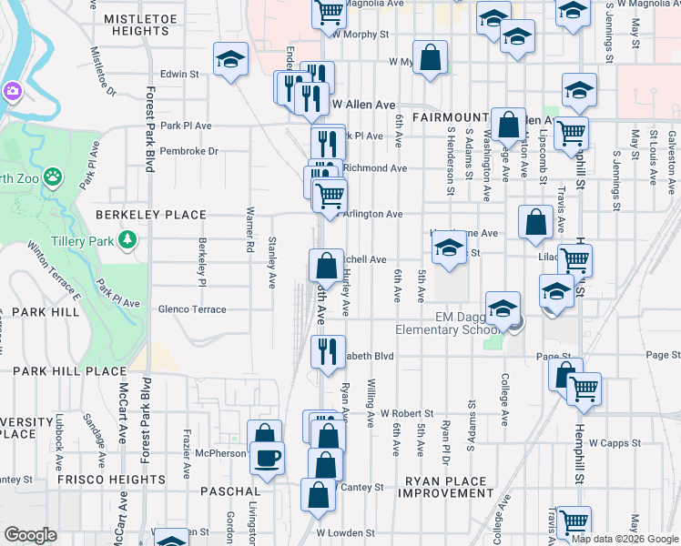 map of restaurants, bars, coffee shops, grocery stores, and more near 2229 Hurley Avenue in Fort Worth