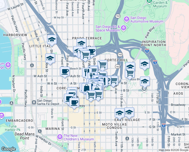 map of restaurants, bars, coffee shops, grocery stores, and more near Ash Street in San Diego