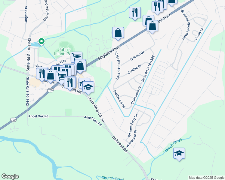 map of restaurants, bars, coffee shops, grocery stores, and more near 1905 Ghana Street in Johns Island