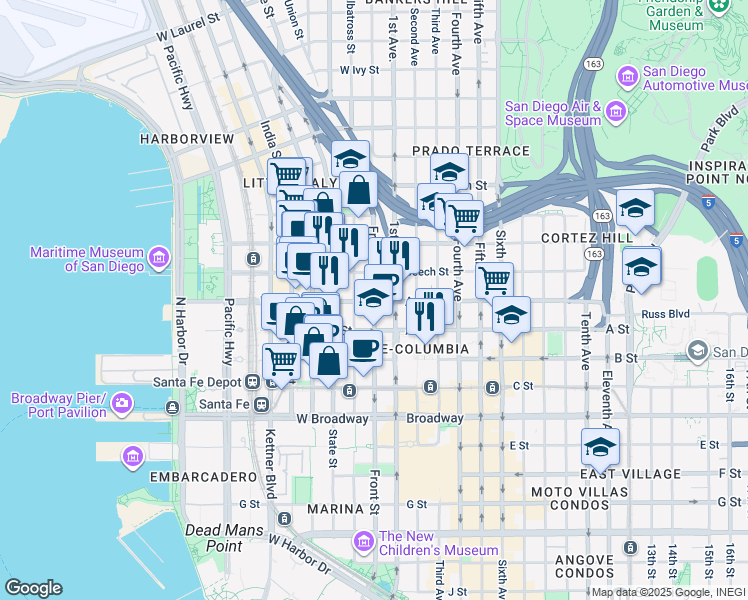 map of restaurants, bars, coffee shops, grocery stores, and more near 1403 Front Street in San Diego