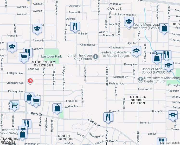 map of restaurants, bars, coffee shops, grocery stores, and more near 4819 Sunshine Drive in Fort Worth
