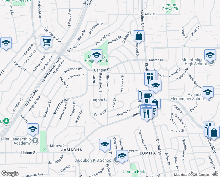 map of restaurants, bars, coffee shops, grocery stores, and more near 1277 Glencoe Drive in San Diego