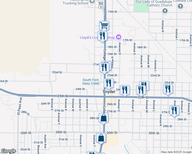 map of restaurants, bars, coffee shops, grocery stores, and more near 2206 Avenue T in Snyder