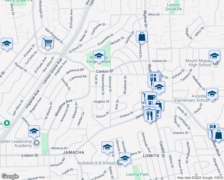map of restaurants, bars, coffee shops, grocery stores, and more near 1277 Glencoe Drive in San Diego