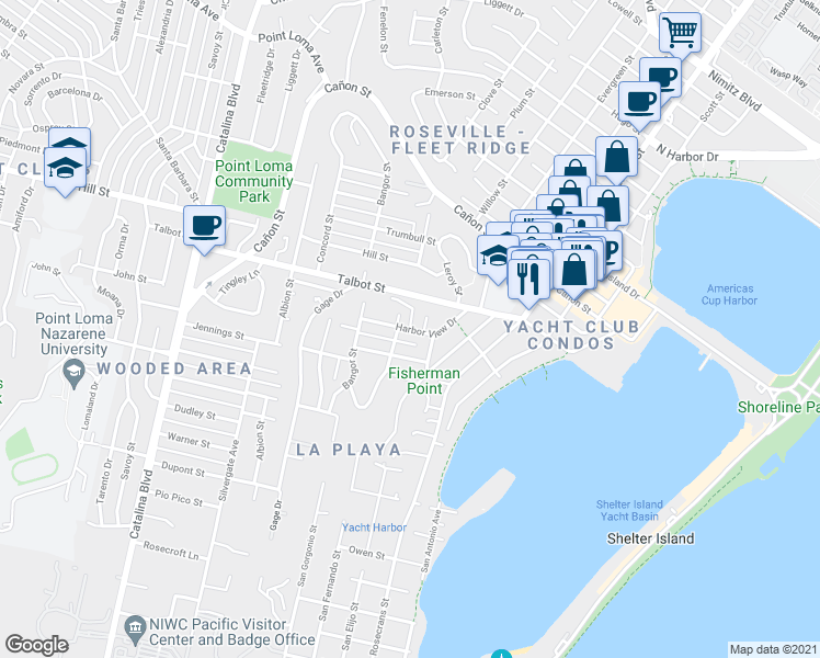 map of restaurants, bars, coffee shops, grocery stores, and more near Harbor View Dr & Martinez St in San Diego