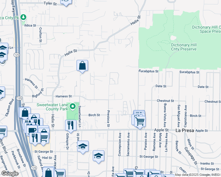 map of restaurants, bars, coffee shops, grocery stores, and more near 1550 Presioca Street in Spring Valley