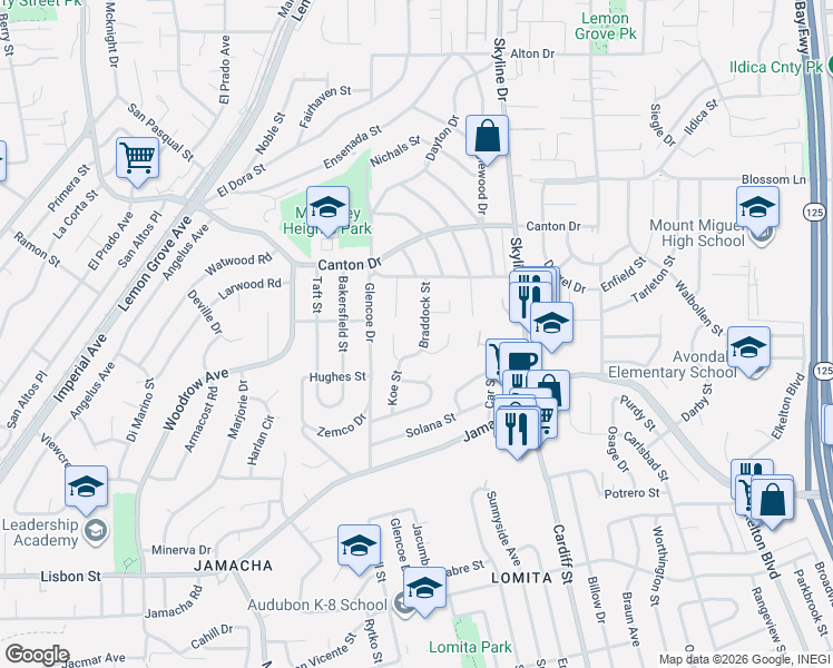 map of restaurants, bars, coffee shops, grocery stores, and more near 1250 Braddock Street in San Diego