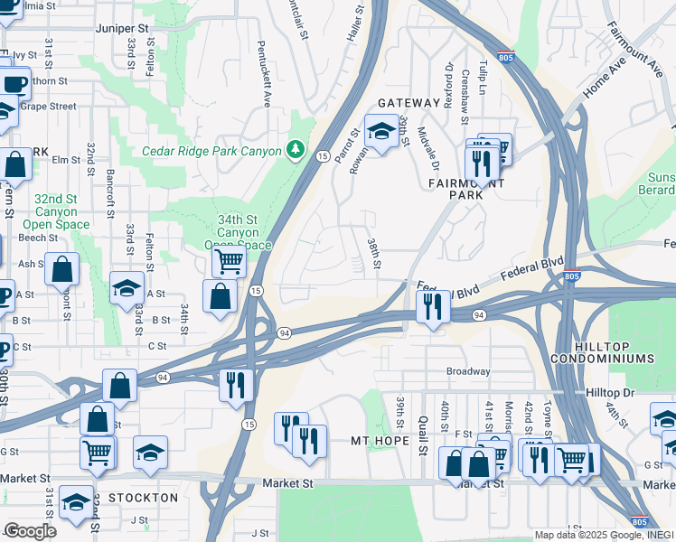map of restaurants, bars, coffee shops, grocery stores, and more near 3683 Cactusview Drive in San Diego