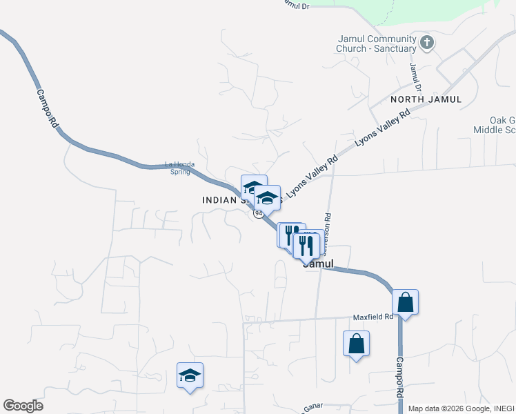 map of restaurants, bars, coffee shops, grocery stores, and more near 13805 Lyons Valley Road in Jamul
