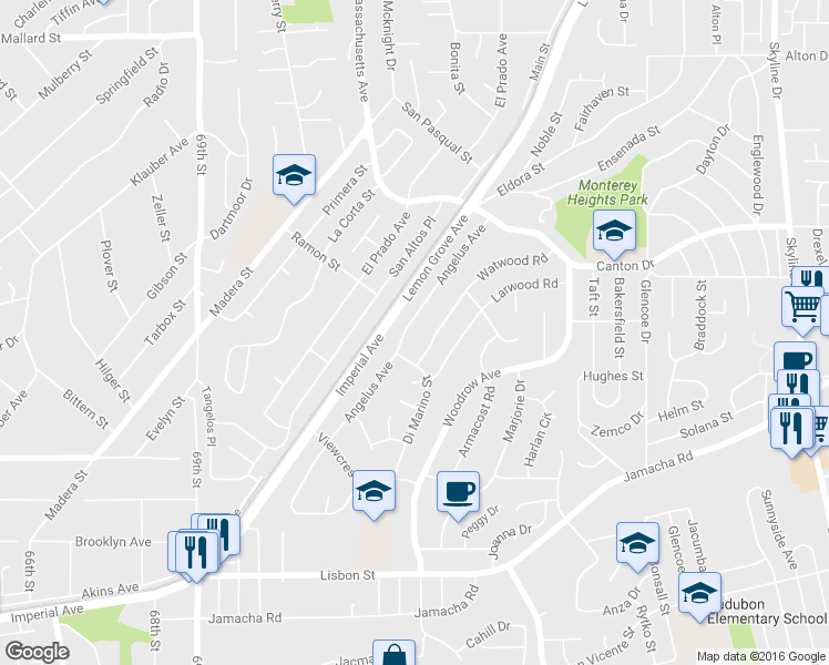 map of restaurants, bars, coffee shops, grocery stores, and more near 1455 Angelus Avenue in San Diego