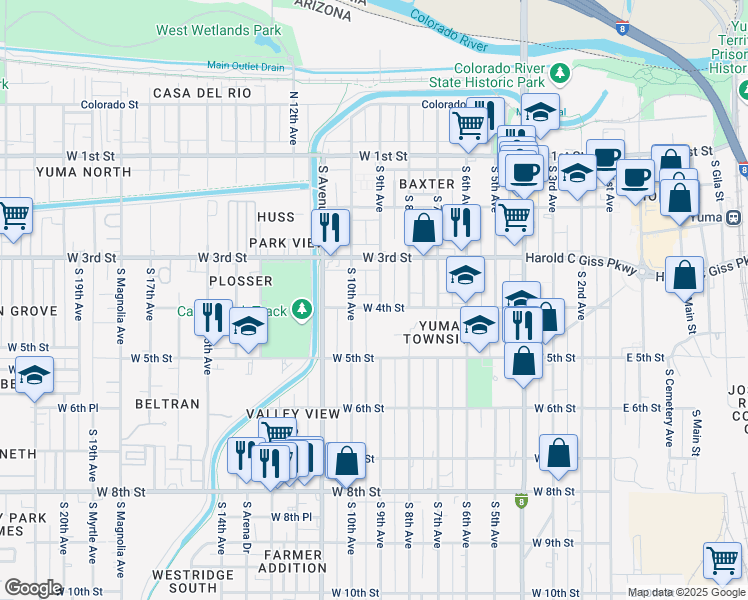 map of restaurants, bars, coffee shops, grocery stores, and more near 400-498 South 9th Avenue in Yuma