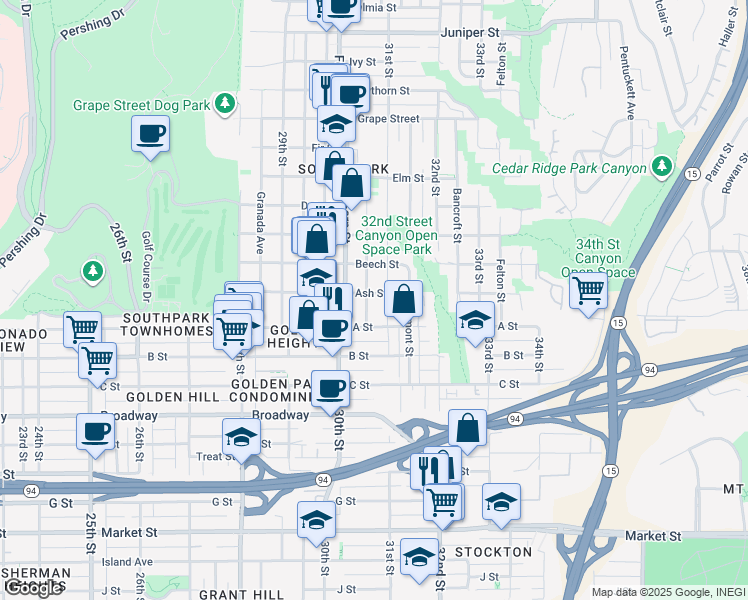 map of restaurants, bars, coffee shops, grocery stores, and more near 1319 31st Street in San Diego