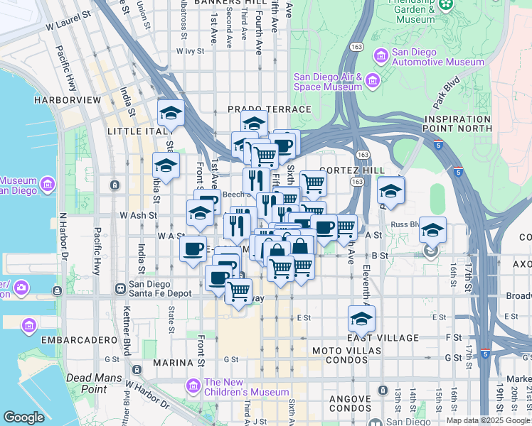 map of restaurants, bars, coffee shops, grocery stores, and more near in San Diego