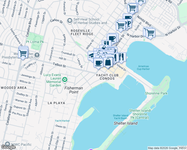 map of restaurants, bars, coffee shops, grocery stores, and more near 926 Rosecrans Street in San Diego