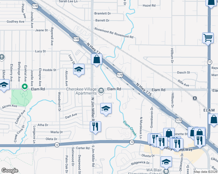 map of restaurants, bars, coffee shops, grocery stores, and more near 7204 Elam Road in Dallas