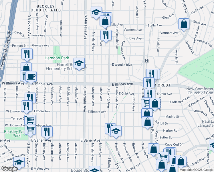 map of restaurants, bars, coffee shops, grocery stores, and more near 2327 South Ewing Avenue in Dallas