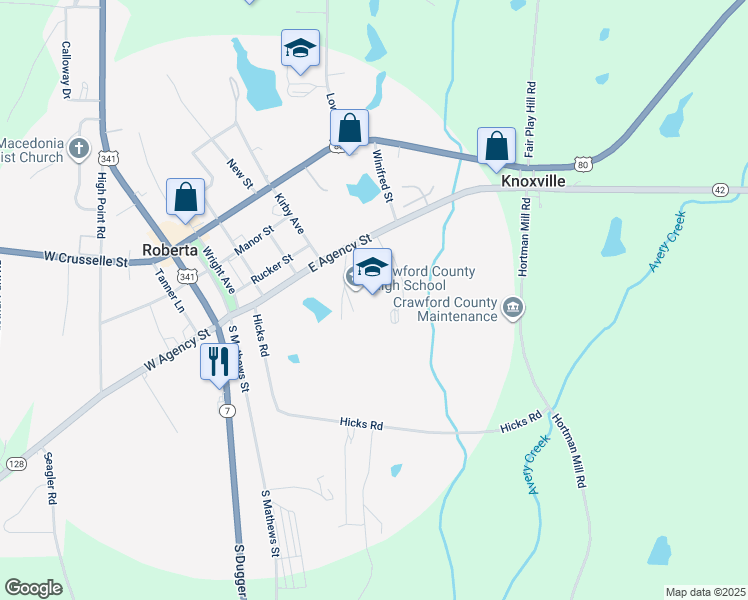 map of restaurants, bars, coffee shops, grocery stores, and more near 400 East Agency Street in Roberta